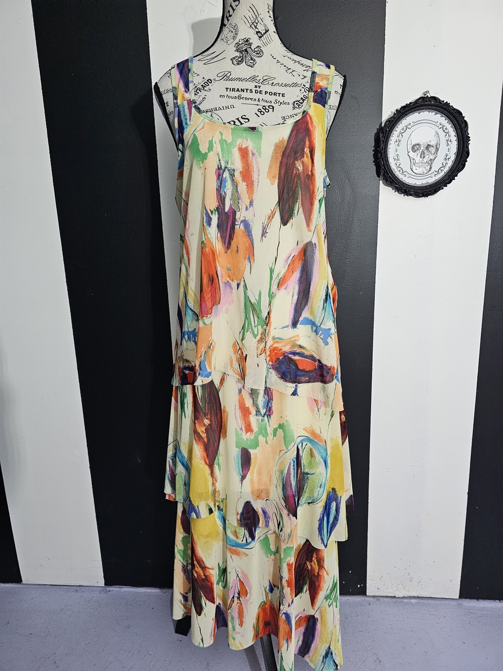Abstract Floral Cream Maxi Dress with Multicolor Brushstrokes